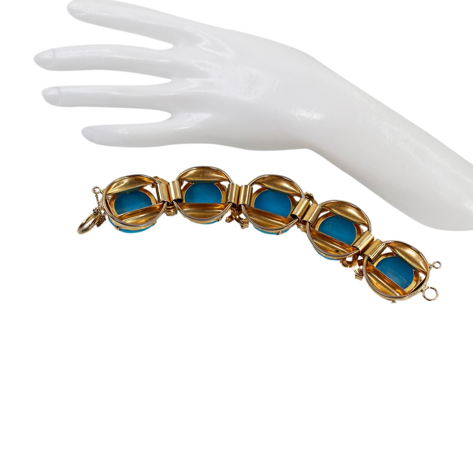 Vintage Unsigned Gold and Faux Turquoise Bracelet Circa 1960s For Sale 7