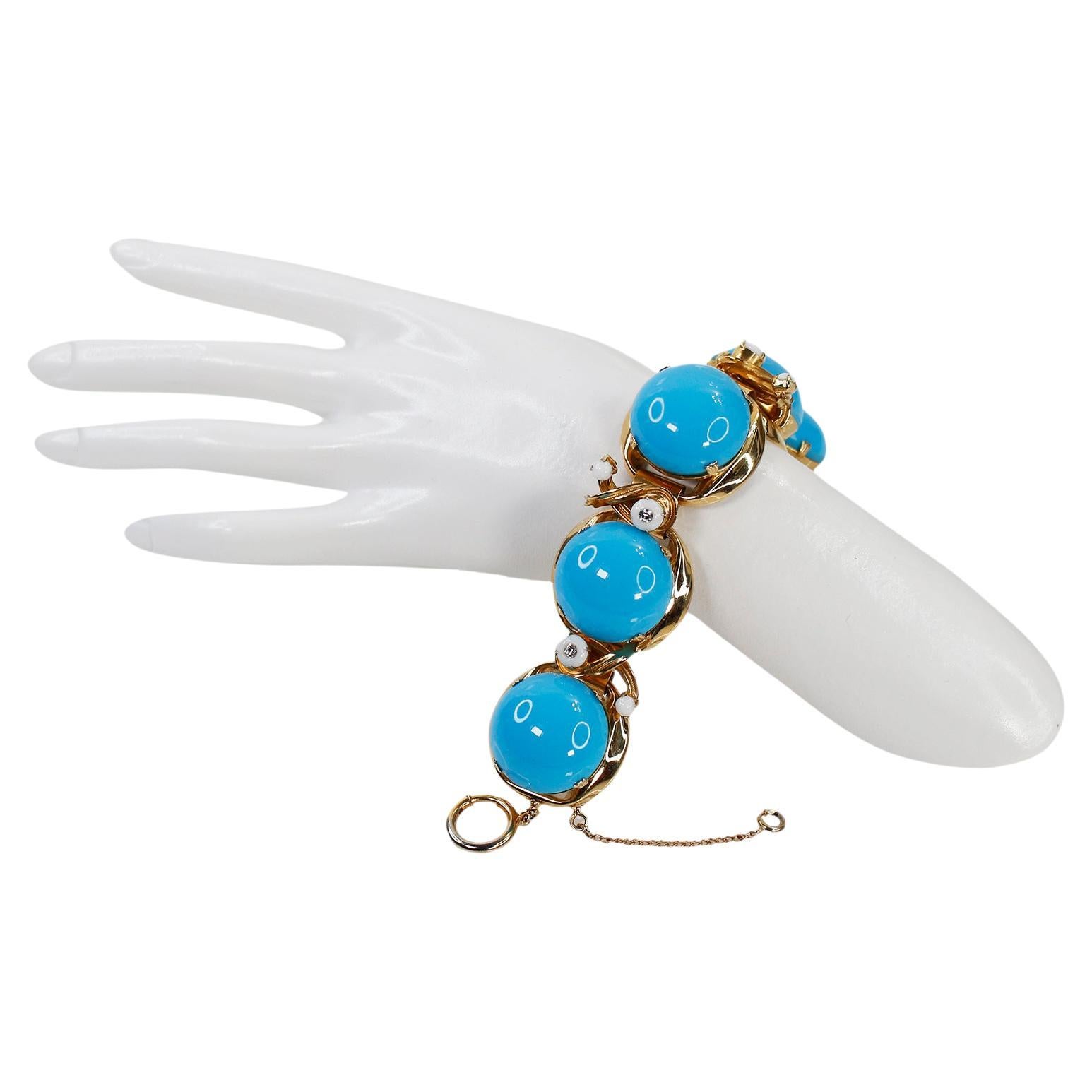 Vintage Gold Tone and Faux Turquoise Bracelet Circa 1960s In Good Condition For Sale In New York, NY