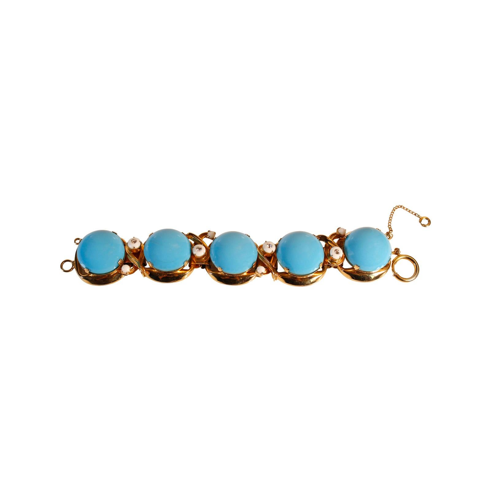 Vintage Unsigned Gold and Faux Turquoise Bracelet Circa 1960s For Sale 4