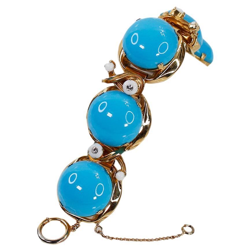 Vintage Unsigned Gold and Faux Turquoise Bracelet Circa 1960s