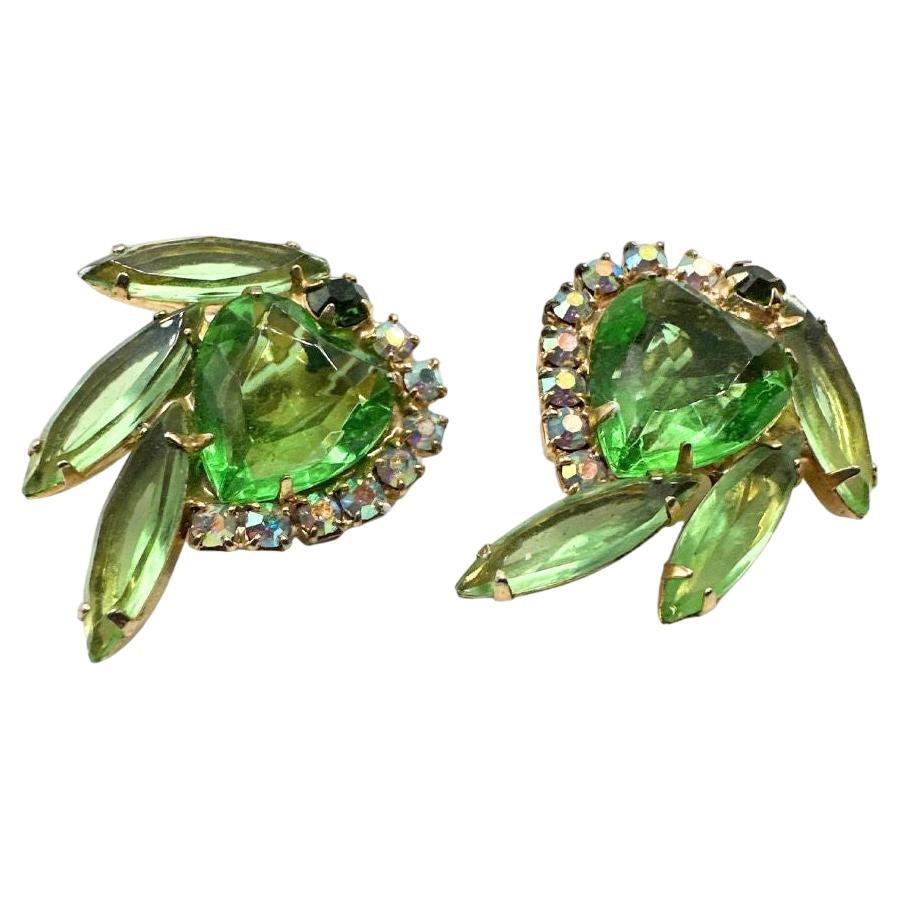 Vintage Unsigned Julianna Green Heart Cut Glass and Rhinestone Earrings For Sale