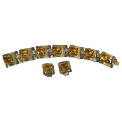 Vintage Unsigned Mazer Citrine & Clear Crystal Bracelet & Earring Set