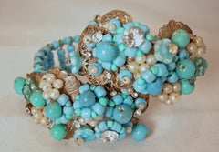 Vintage Unsigned Miriam Haskell Faux Turquoise, Pearl & Crystal Wrap Bracelet
