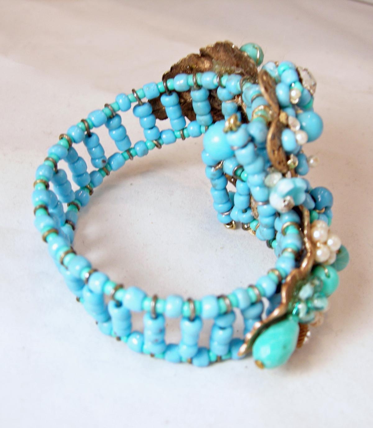 Women's or Men's Vintage Unsigned Miriam Haskell Faux Turquoise, Pearl & Crystal Wrap Bracelet For Sale