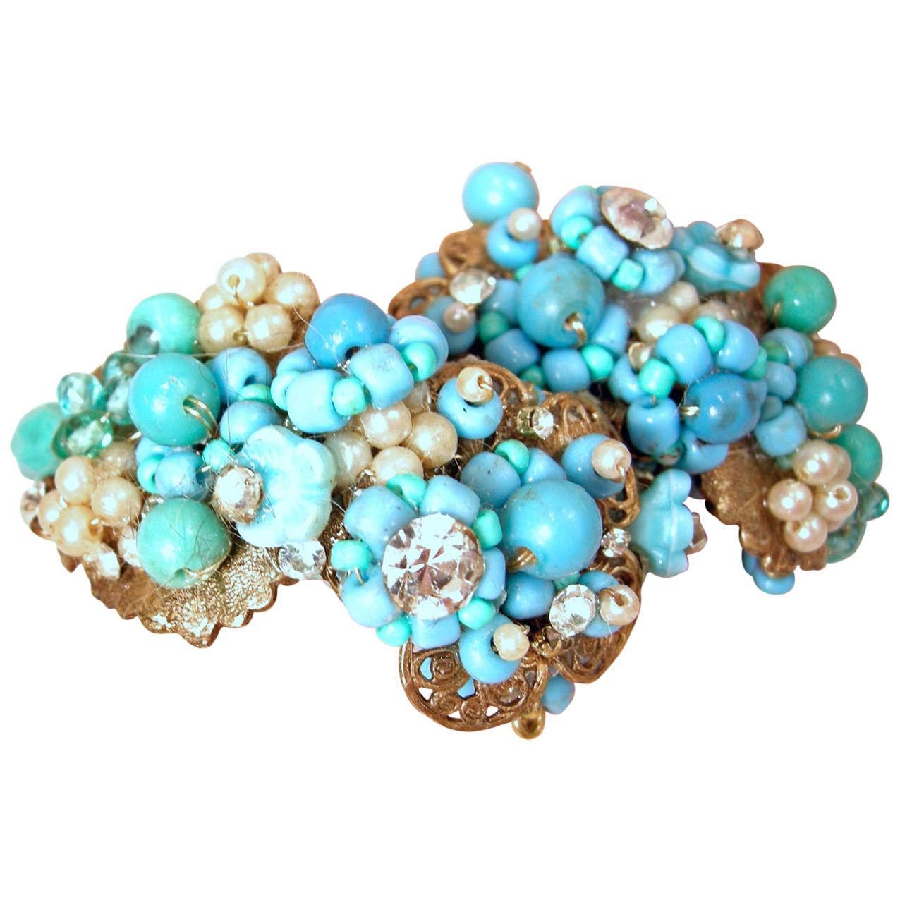 Vintage Unsigned Miriam Haskell Faux Turquoise, Pearl & Crystal Wrap Bracelet For Sale