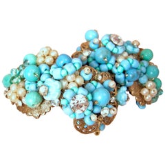 Vintage Unsigned Miriam Haskell Faux Turquoise, Pearl & Crystal Wrap Bracelet