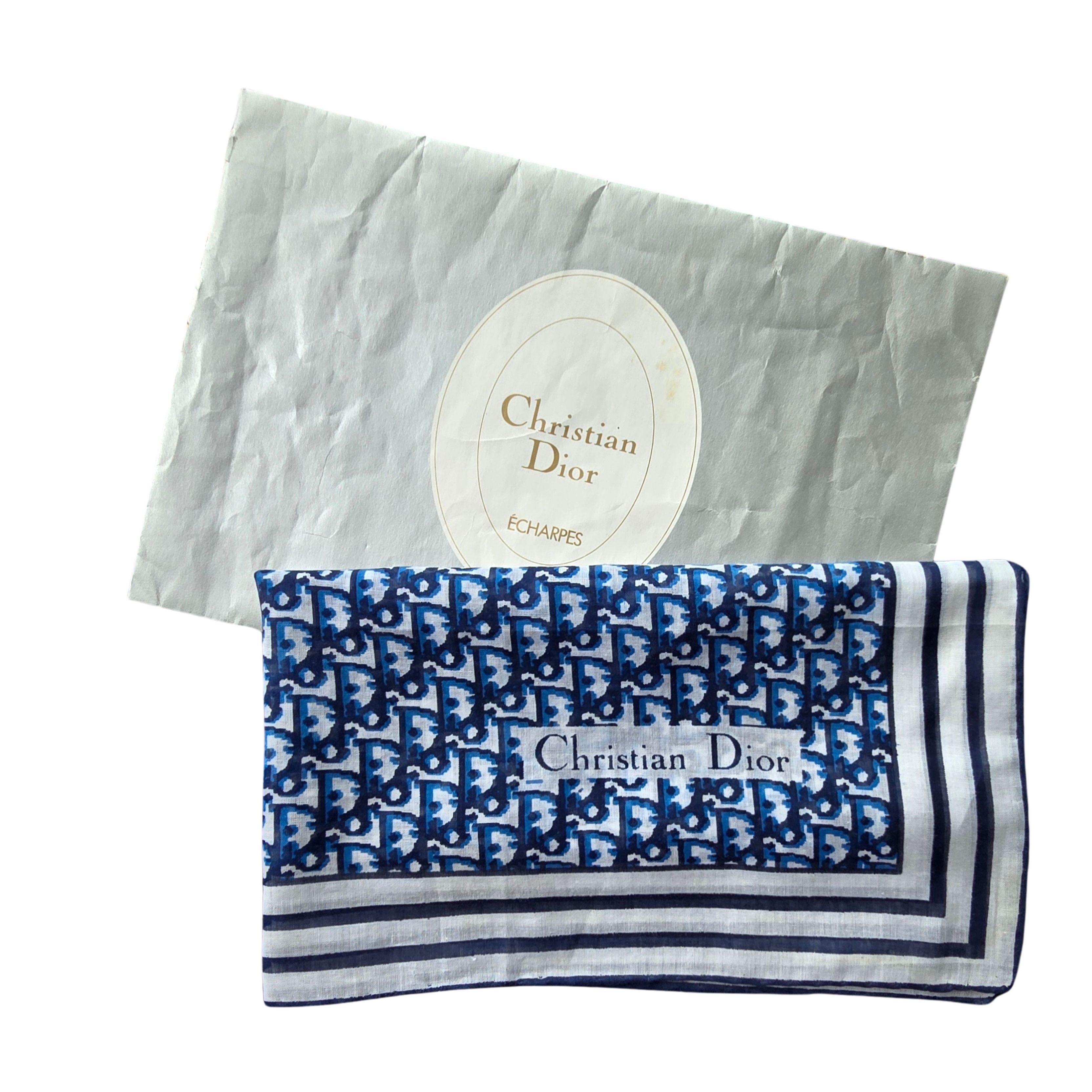 Gray Vintage Unused Christian Dior Silk Square Scarf Bandana in Blue Dior Monogram For Sale