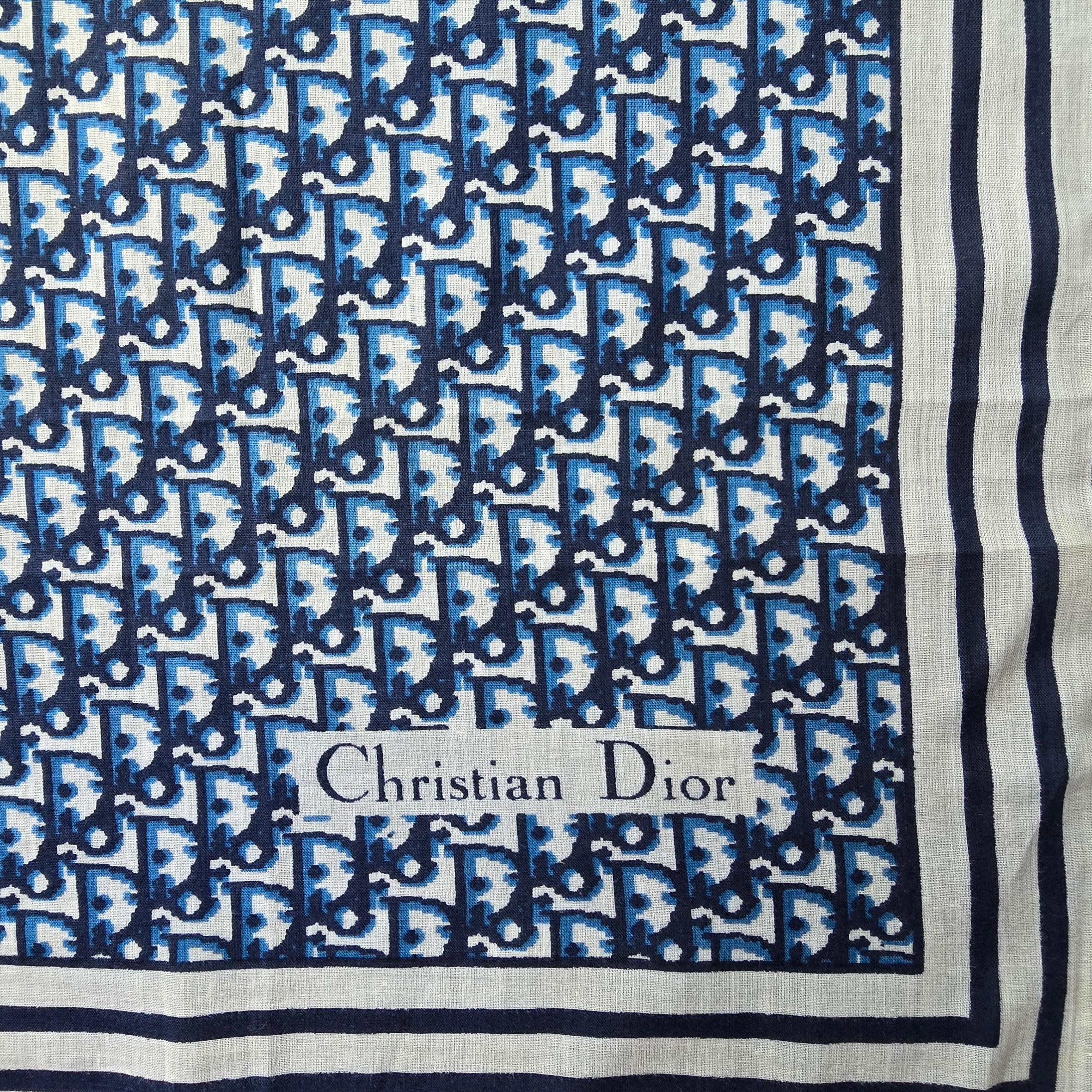 Vintage Unused Christian Dior Silk Square Scarf Bandana in Blue Dior Monogram In Excellent Condition For Sale In West Sussex, GB