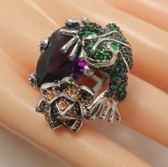 Vintage Unusual Sterling & Amethyst, Red, Green Crystal Frog Ring, Size 7+