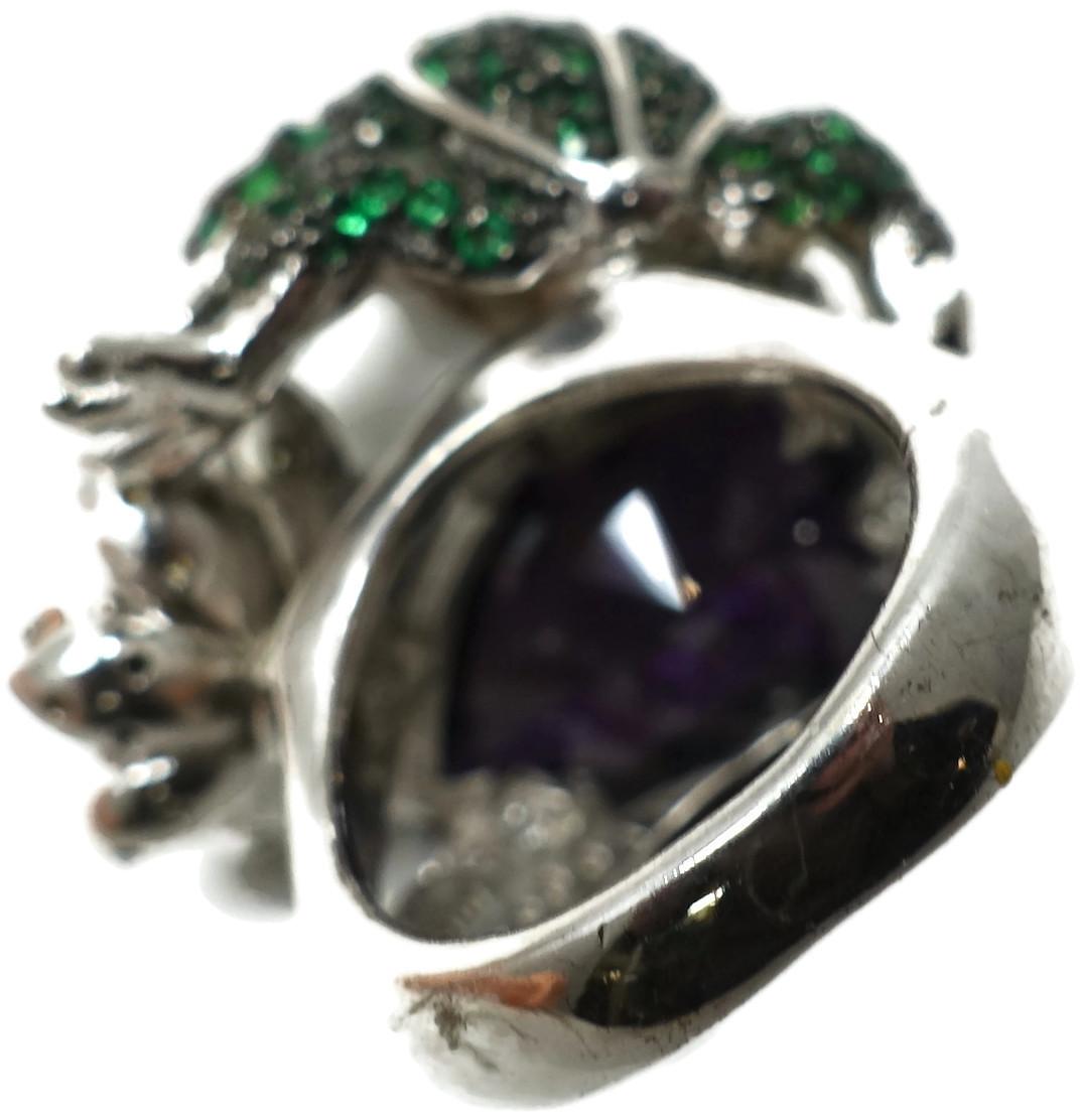 Women's or Men's Vintage Unusual Sterling & Amethyst, Red, Green Crystal Frog Ring, Size 7+ For Sale