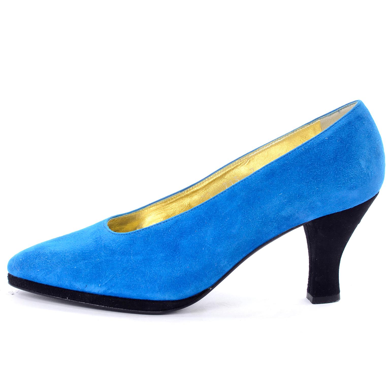 Vintage Unworn New Escada Blue Suede Shoes WIth Black Heels Size 7B In New Condition For Sale In Portland, OR