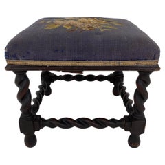 Vintage Upholstered Barley Twist Oak Foot Stool, Bench, Scotland 1920, H739