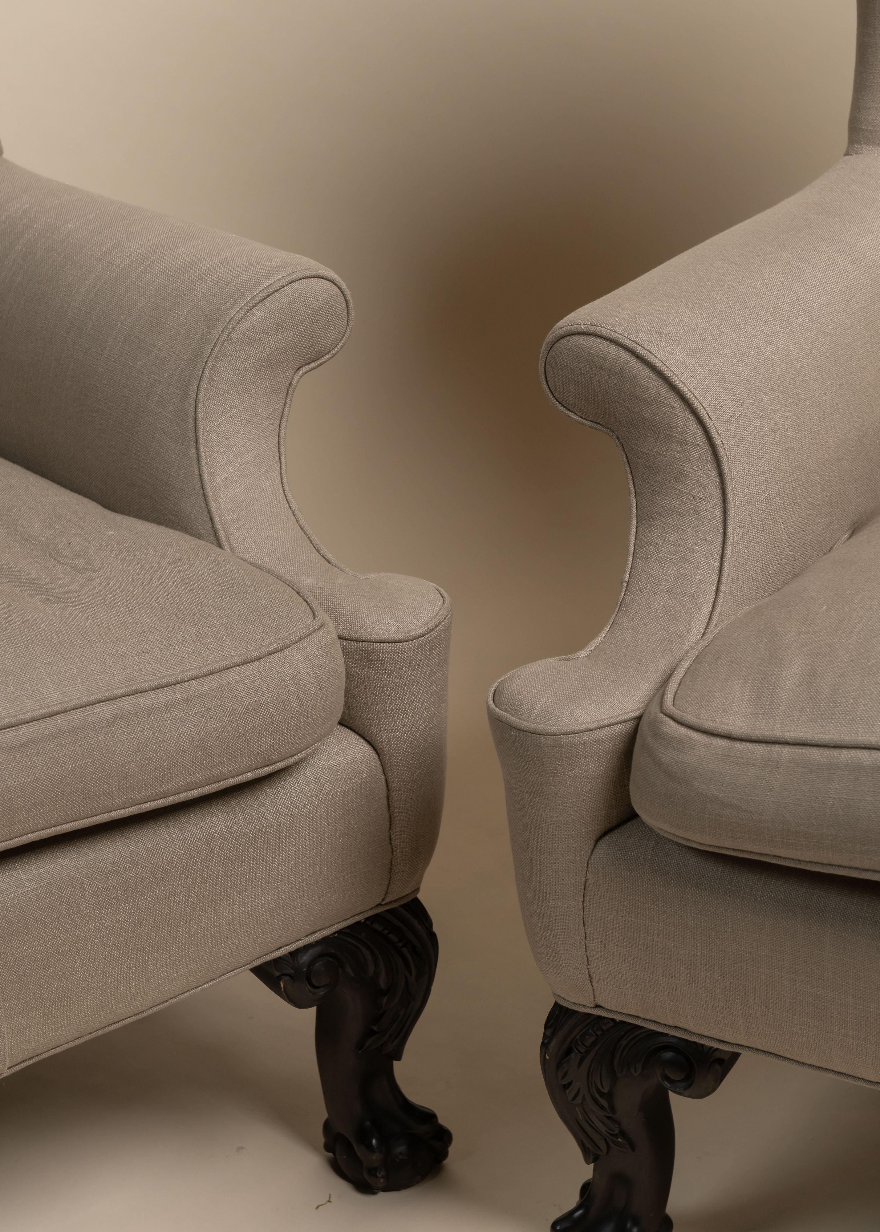 Tappezzeria Vintage Upholstered Chippendale Style Wingback Chairs, Late 1800s in vendita