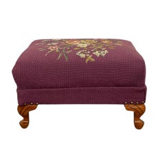 Vintage Upholstered Footstool Ottoman w/ Floral Needlepoint and Carved Wood Legs