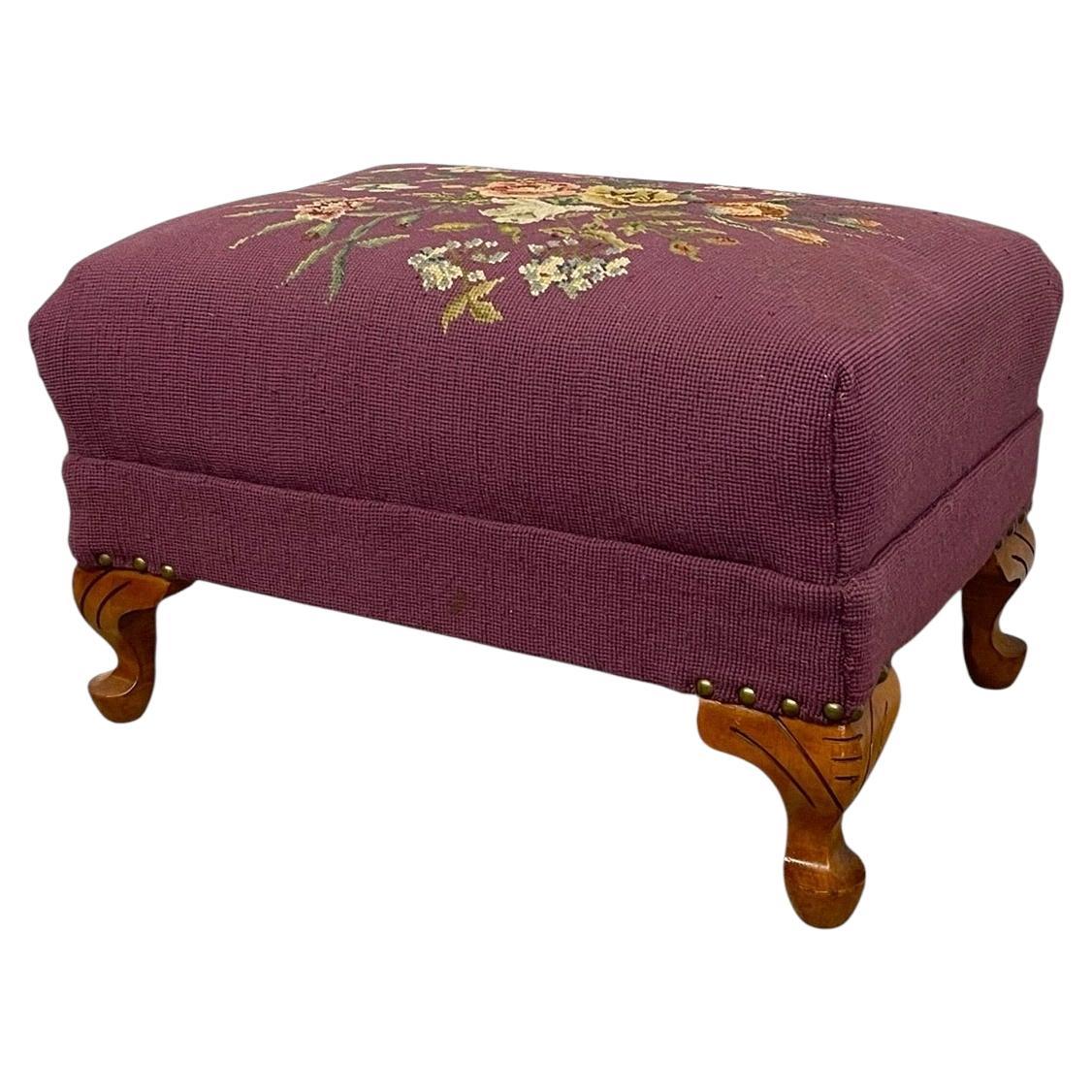 Vintage Upholstered Footstool Ottoman w/ Floral Needlepoint and Carved Wood Legs