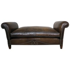 Vintage Upholstered Leather Bench with Loose Cushion and Nailhead Trim Detail