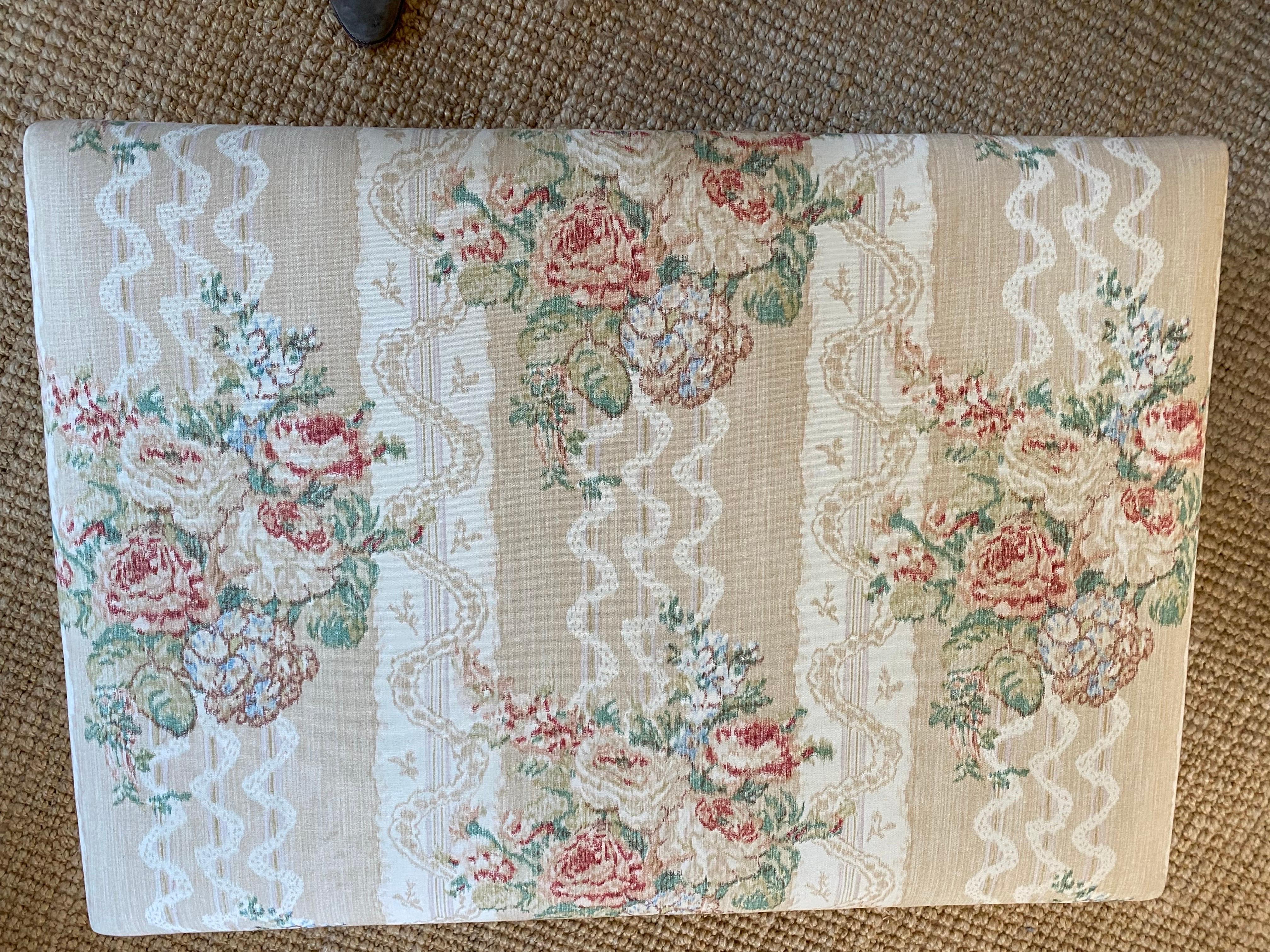 Vintage Upholstered Ottoman in Floral Chintz Stripe with Slipcover For Sale 9
