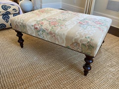 Vintage Upholstered Ottoman in Floral Chintz Stripe with Slipcover