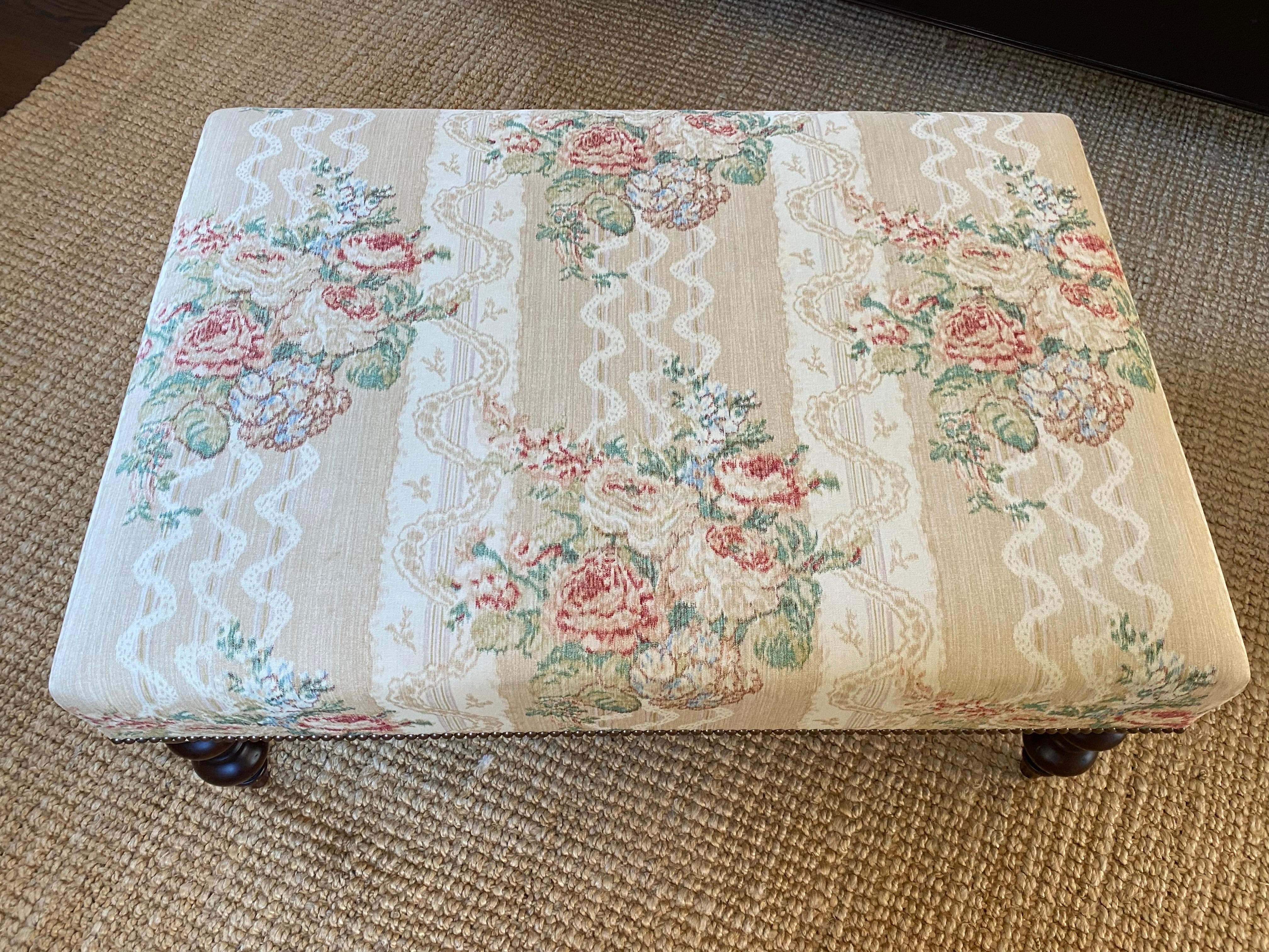 American Vintage Upholstered Ottoman in Floral Chintz Stripe with Slipcover For Sale
