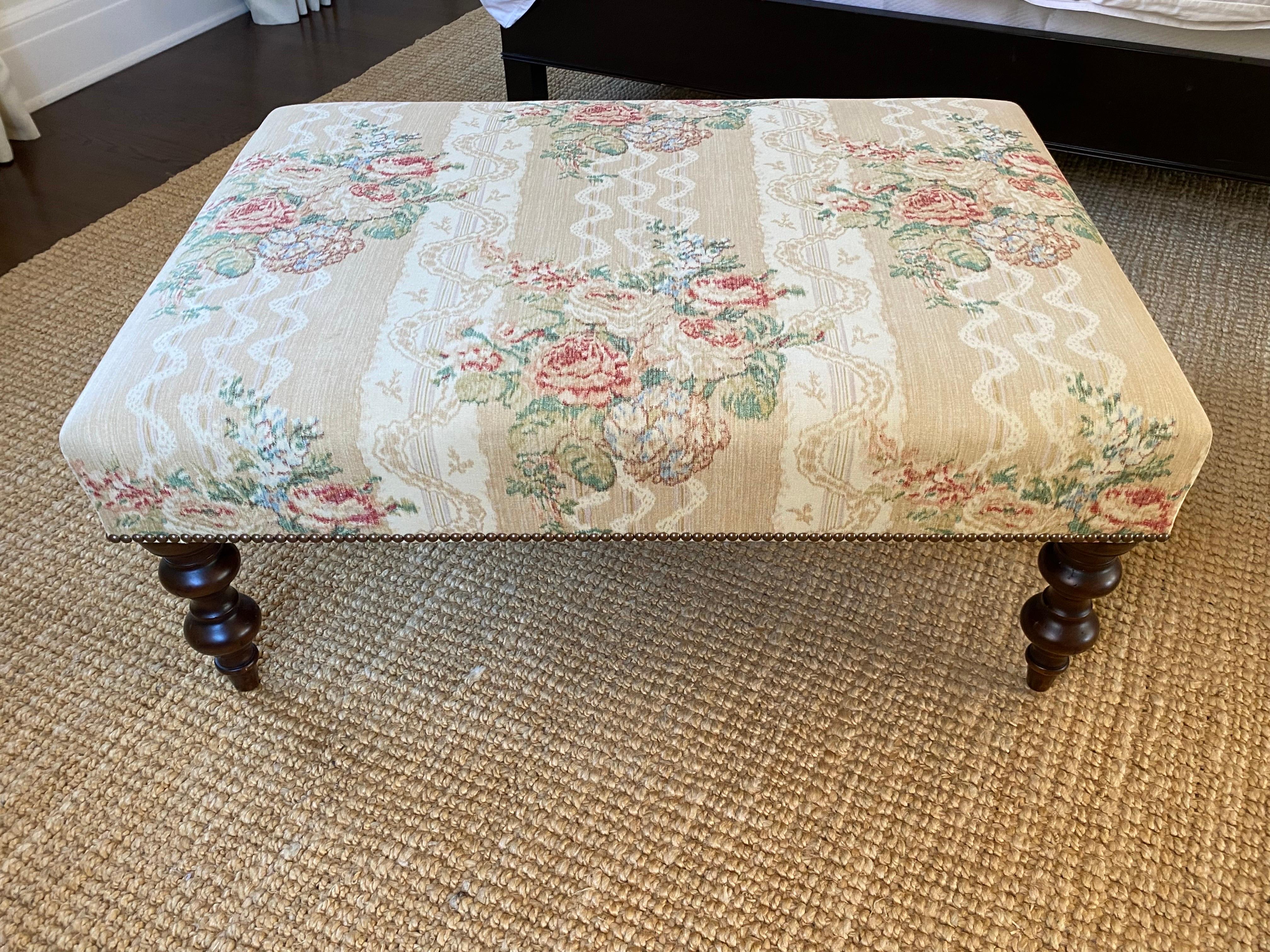 American Vintage Upholstered Ottoman in Floral Chintz Stripe with Slipcover