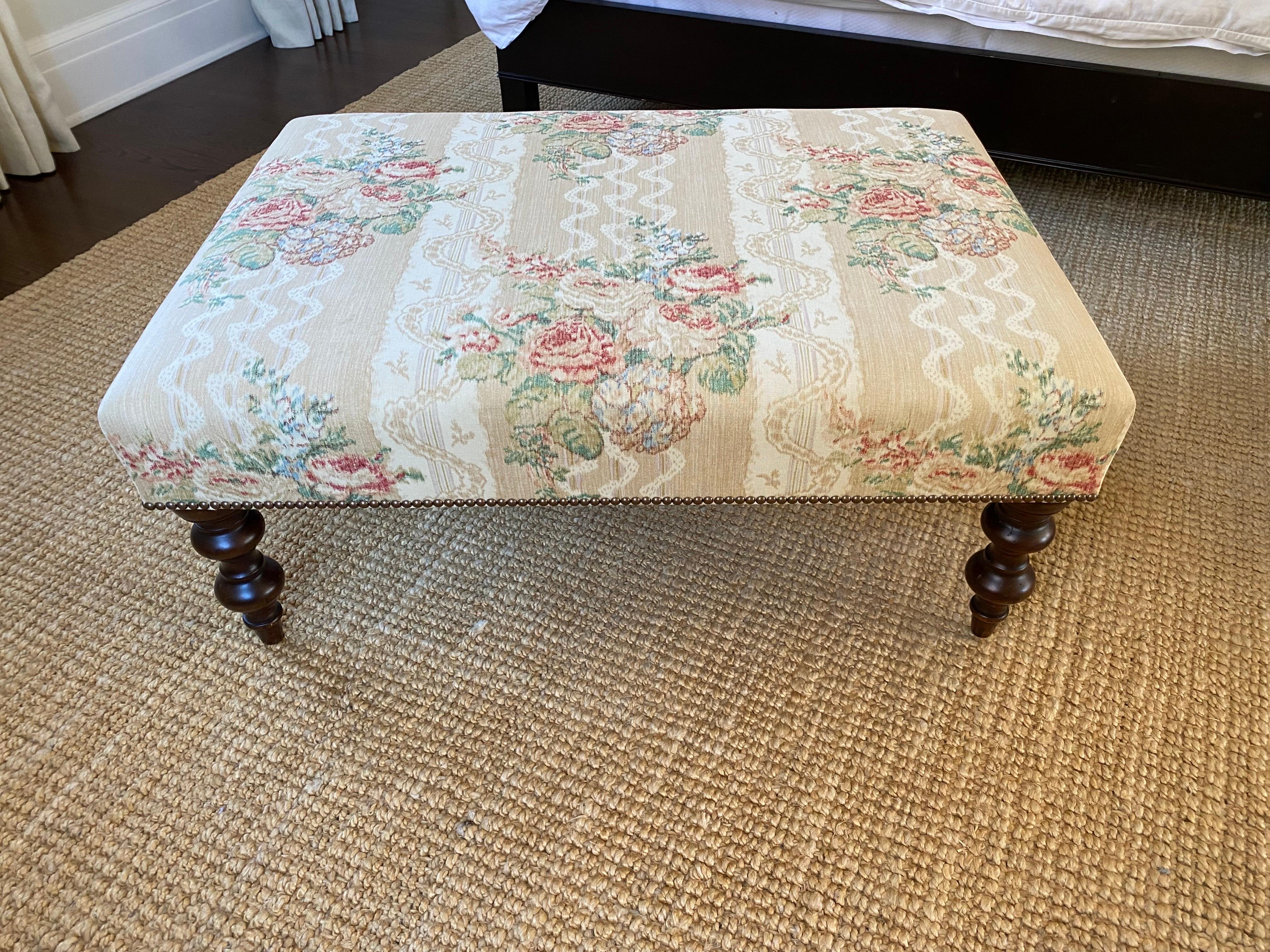 Vintage Upholstered Ottoman in Floral Chintz Stripe with Slipcover In Good Condition In Southampton, NY