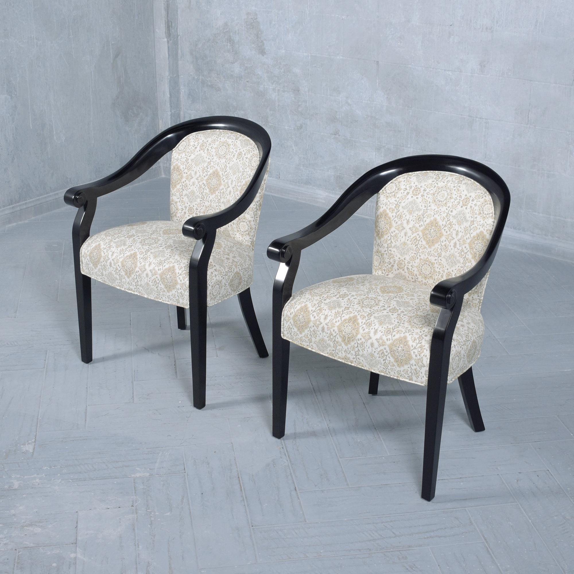Immerse yourself in the timeless elegance of the 1960s with our pair of Hickory Modern Armchairs, beautifully restored to embody the luxury and style of mid-century design. These armchairs have been expertly stained in a deep black hue, enriched