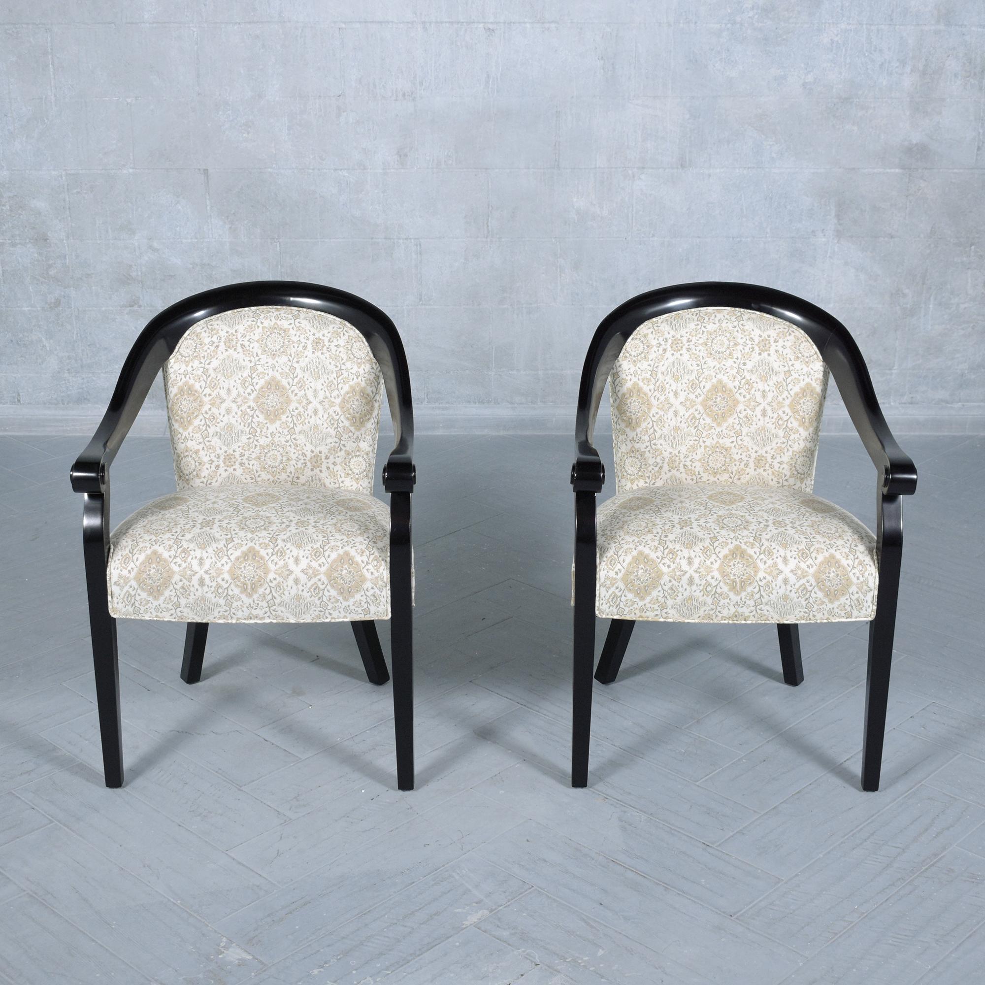 1960s Hickory Modern Black Lacquered Armchairs with Patterned Linen Upholstery For Sale 1