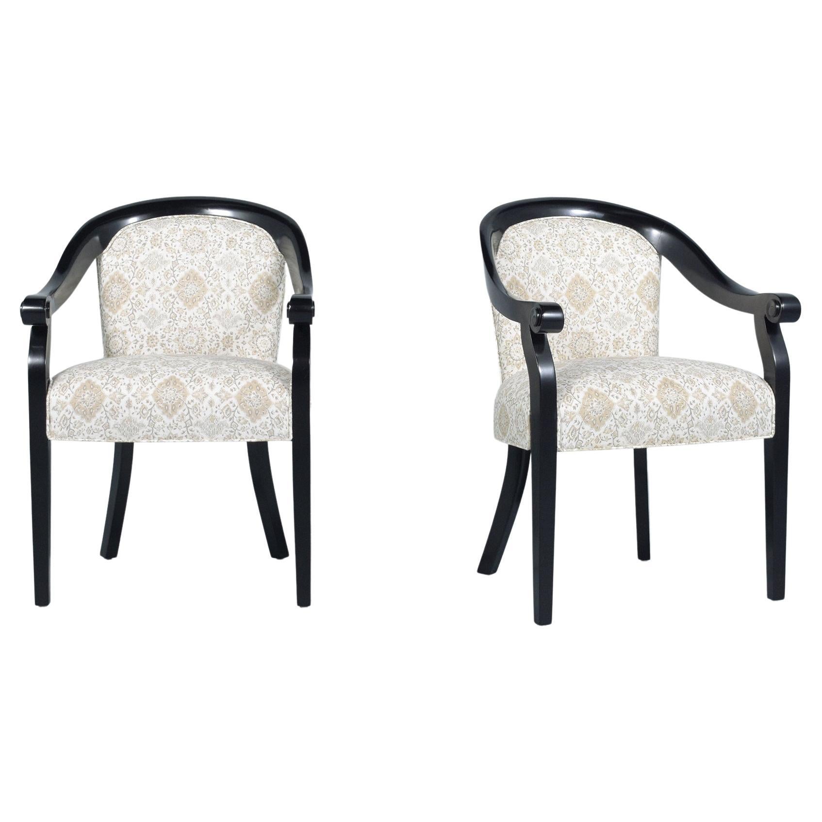 1960s Hickory Modern Black Lacquered Armchairs with Patterned Linen Upholstery