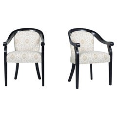 1960s Hickory Modern Black Lacquered Armchairs with Patterned Linen Upholstery