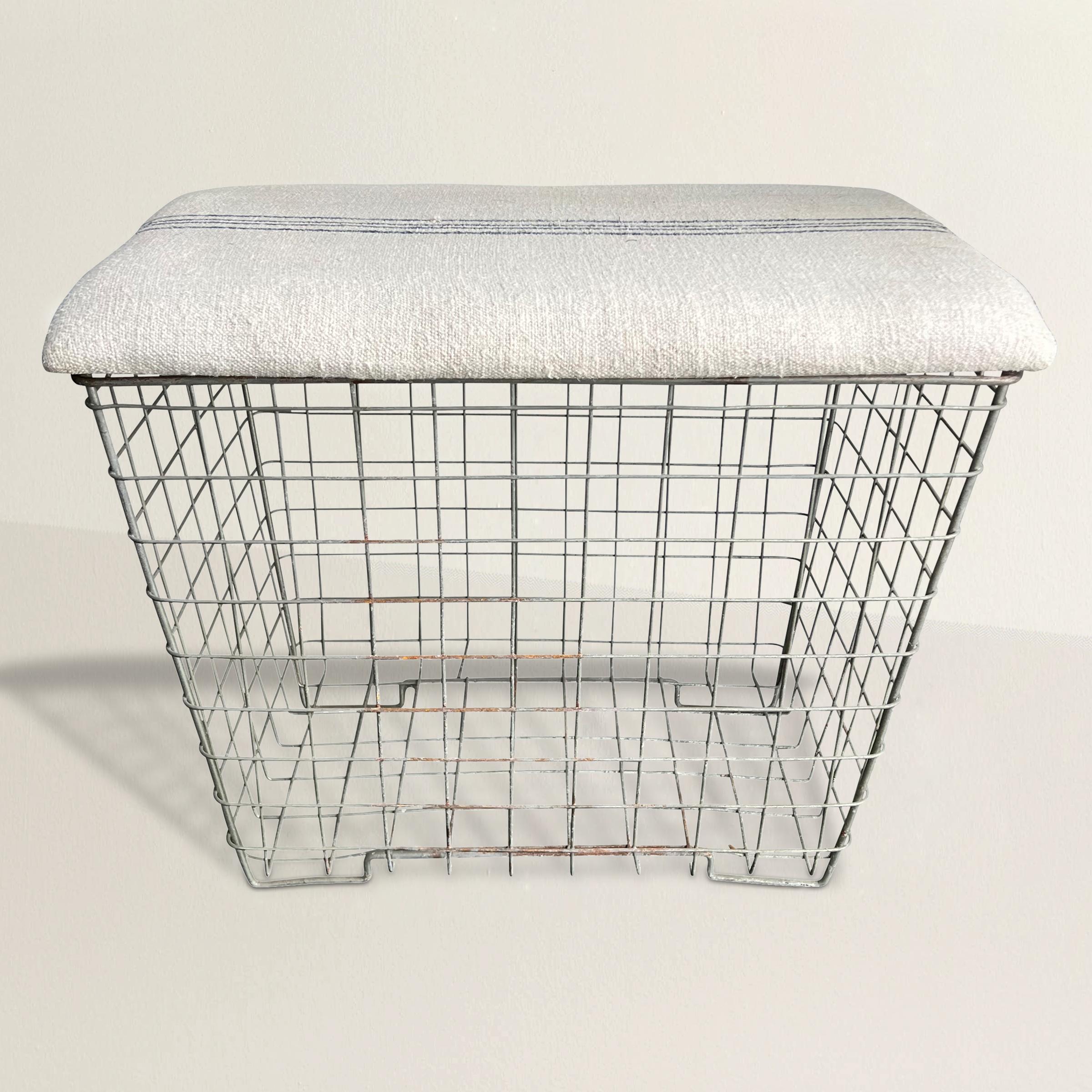 Add a touch of vintage Americana to your home with this charming wire storage basket, originally sourced from a gym. With its sturdy construction and spacious interior, this basket offers ample storage for various items. What sets this piece apart