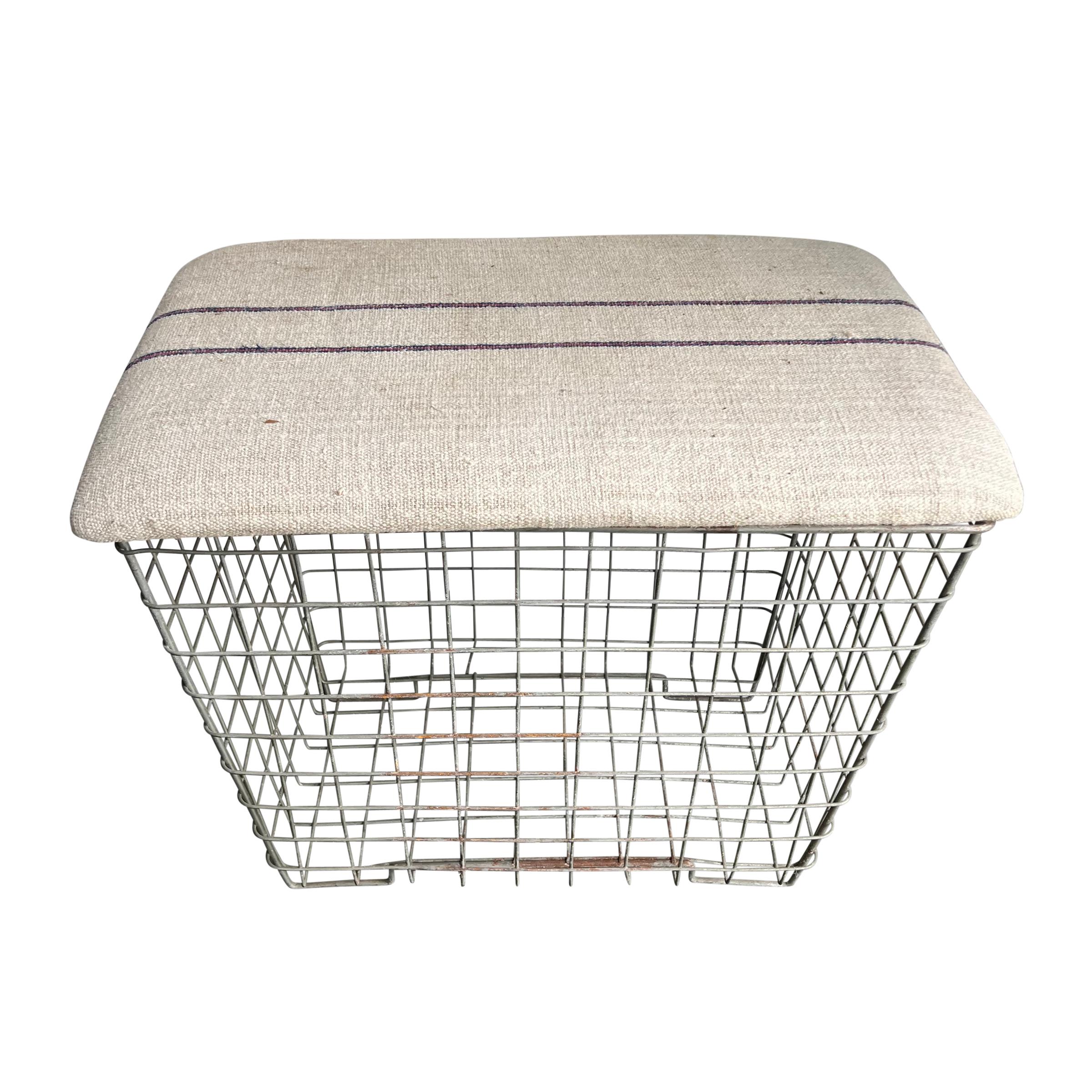 Industrial Vintage Upholstered Storage Basket For Sale