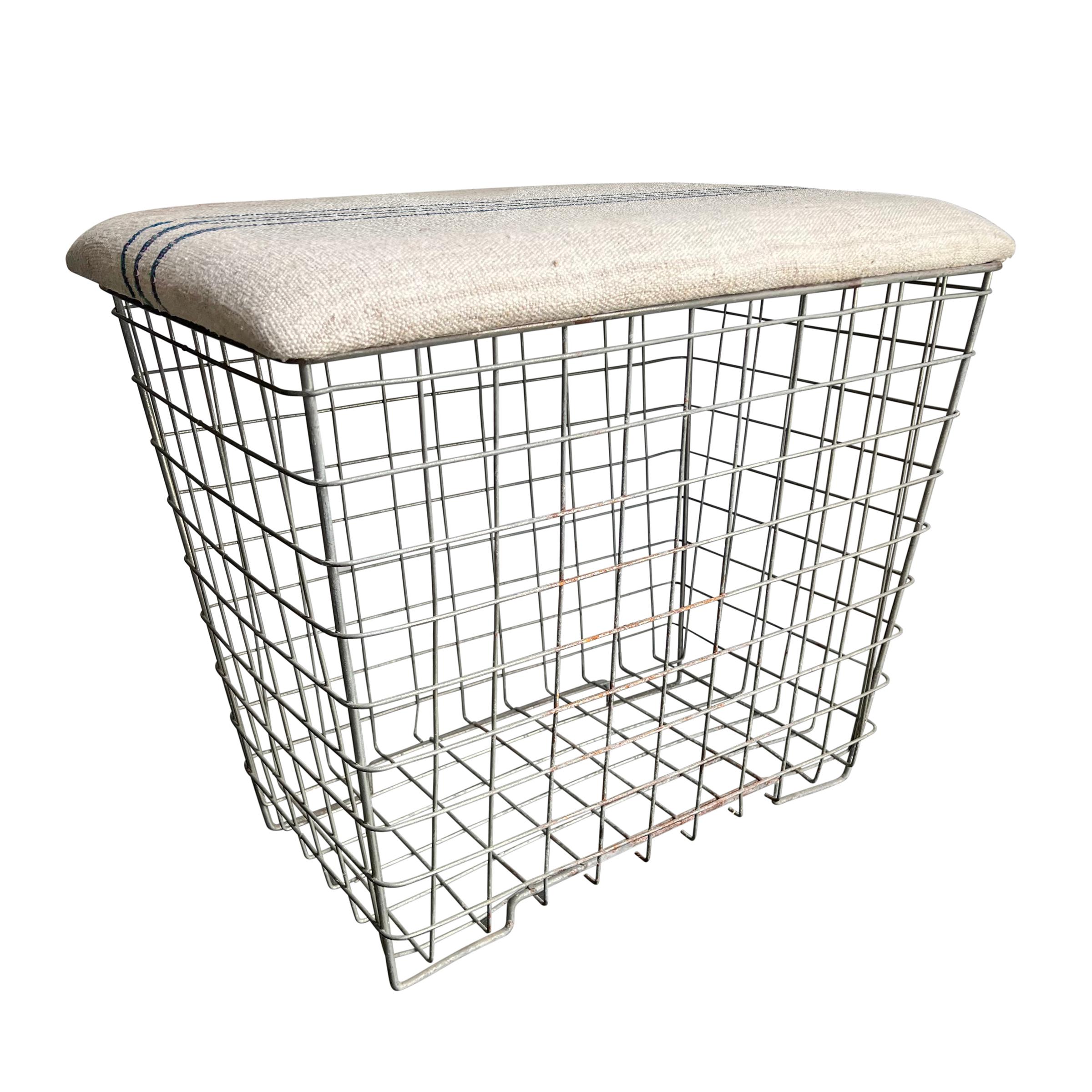 Industrial Vintage Upholstered Storage Basket For Sale
