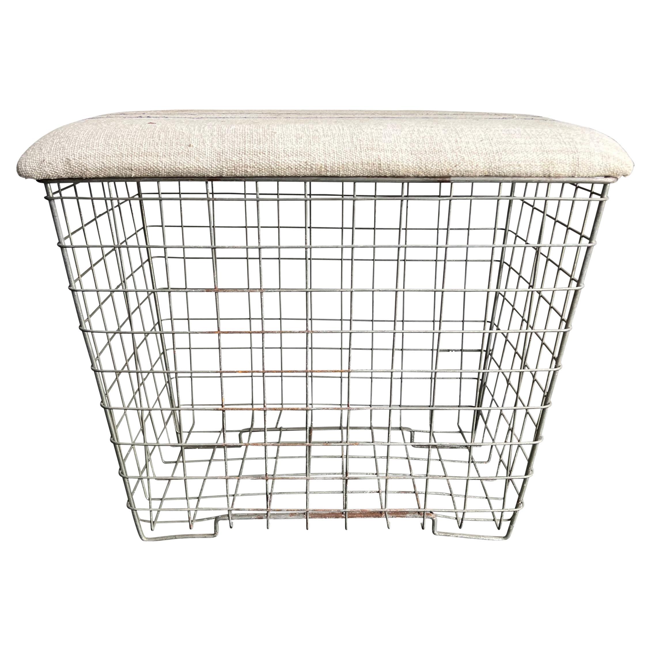 Vintage Upholstered Storage Basket For Sale