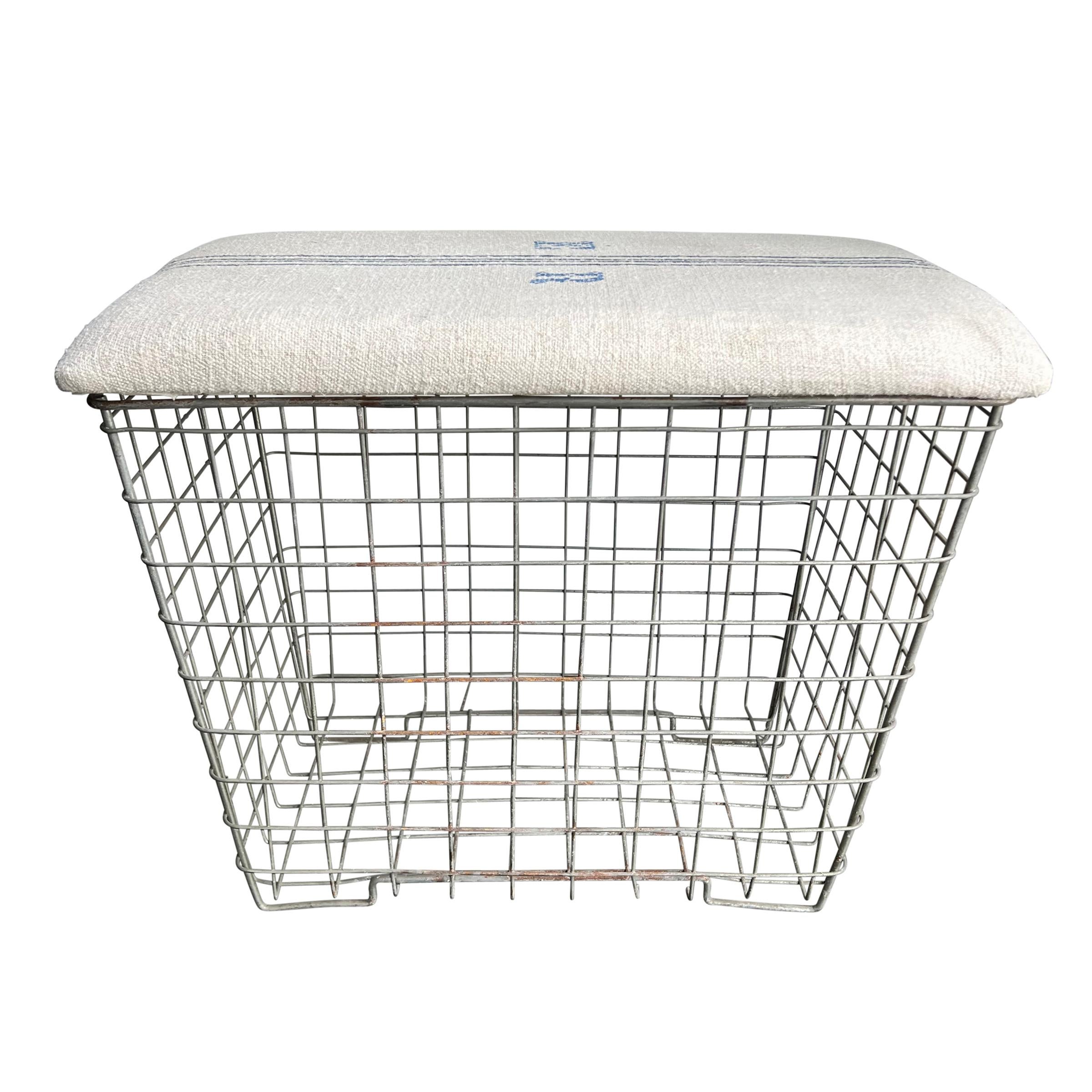 Vintage Upholstered Storage Basket For Sale