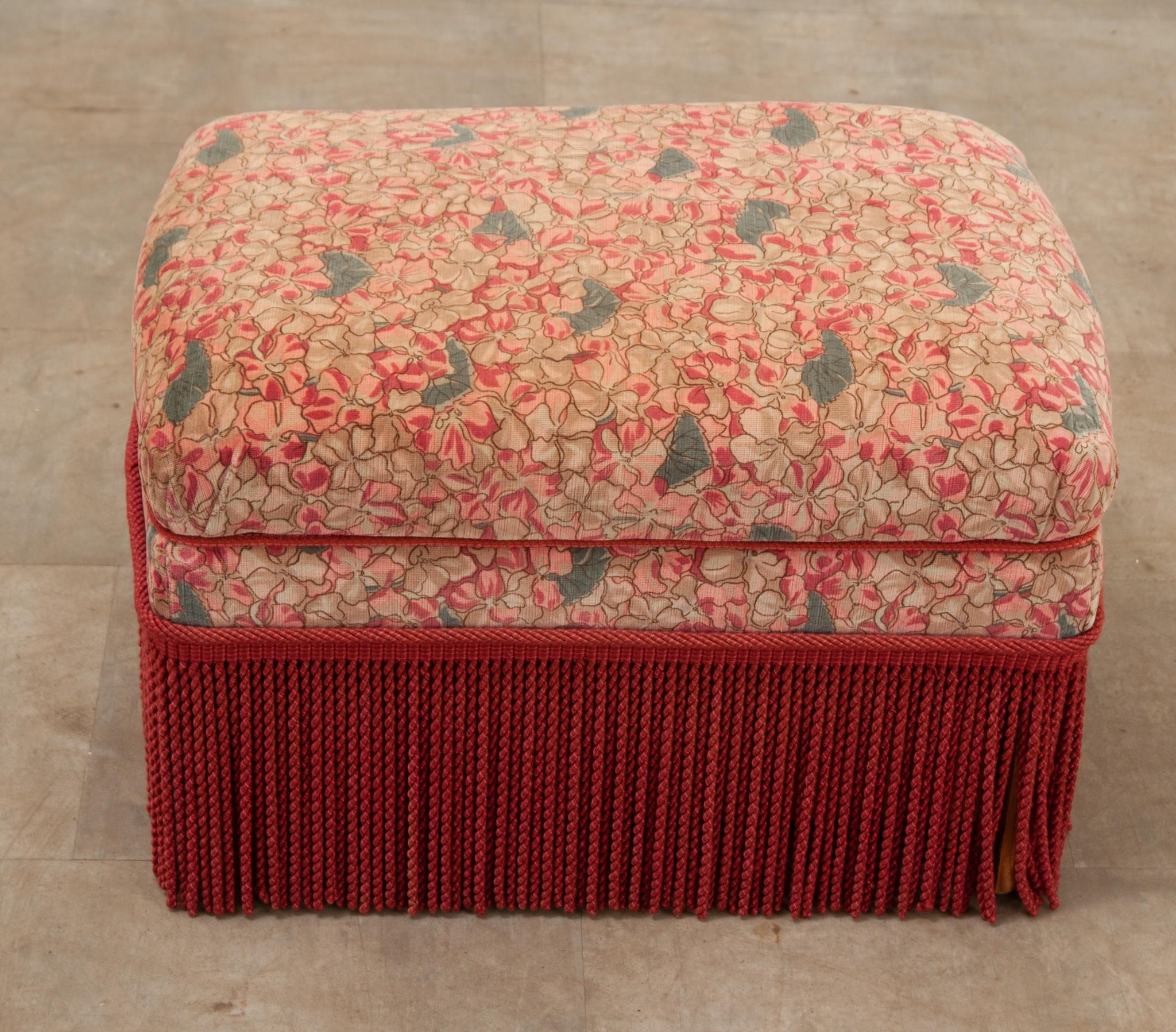 French Vintage Upholstered Storage Stool with Fringe