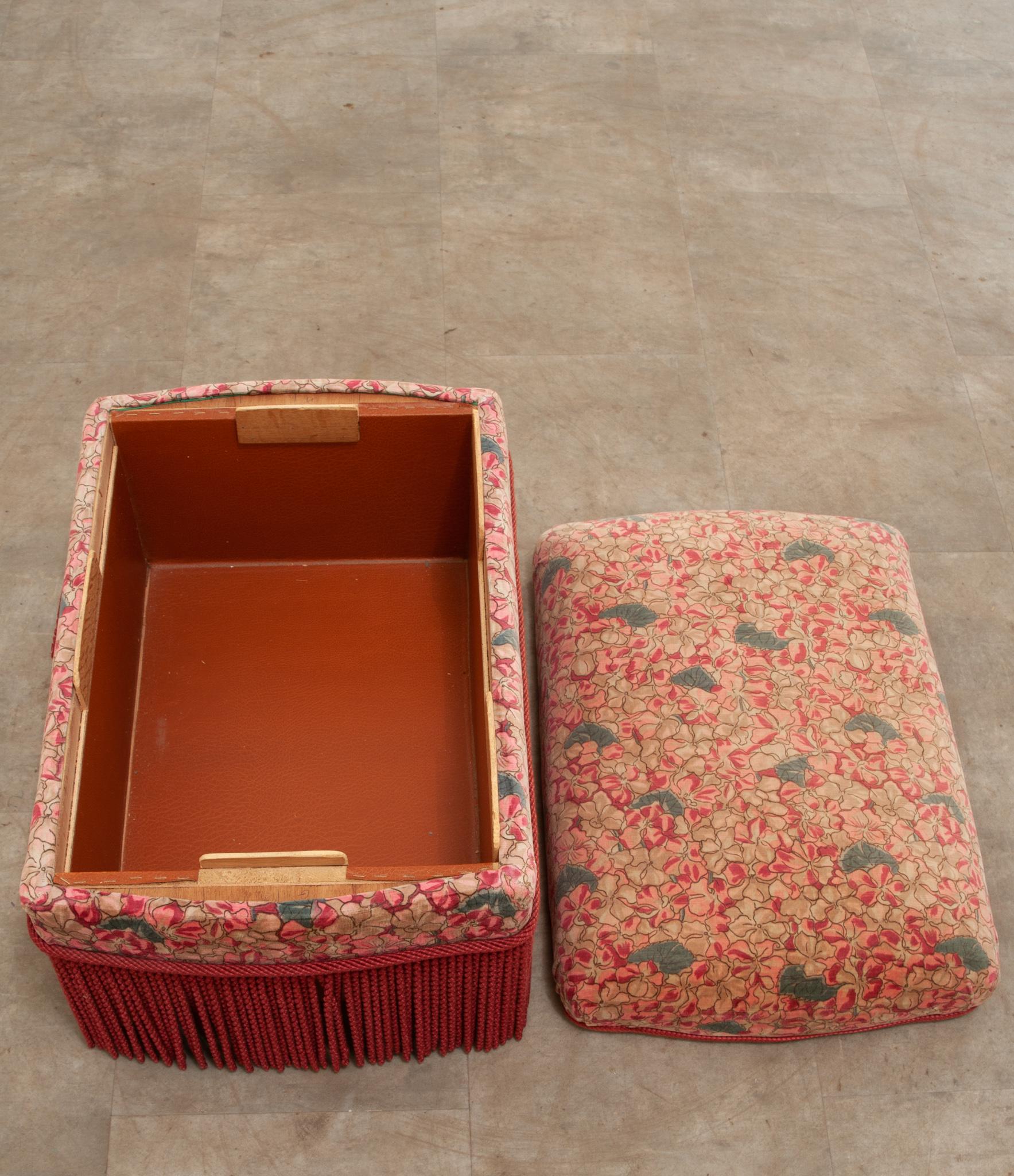 Vintage Upholstered Storage Stool with Fringe In Good Condition For Sale In Baton Rouge, LA