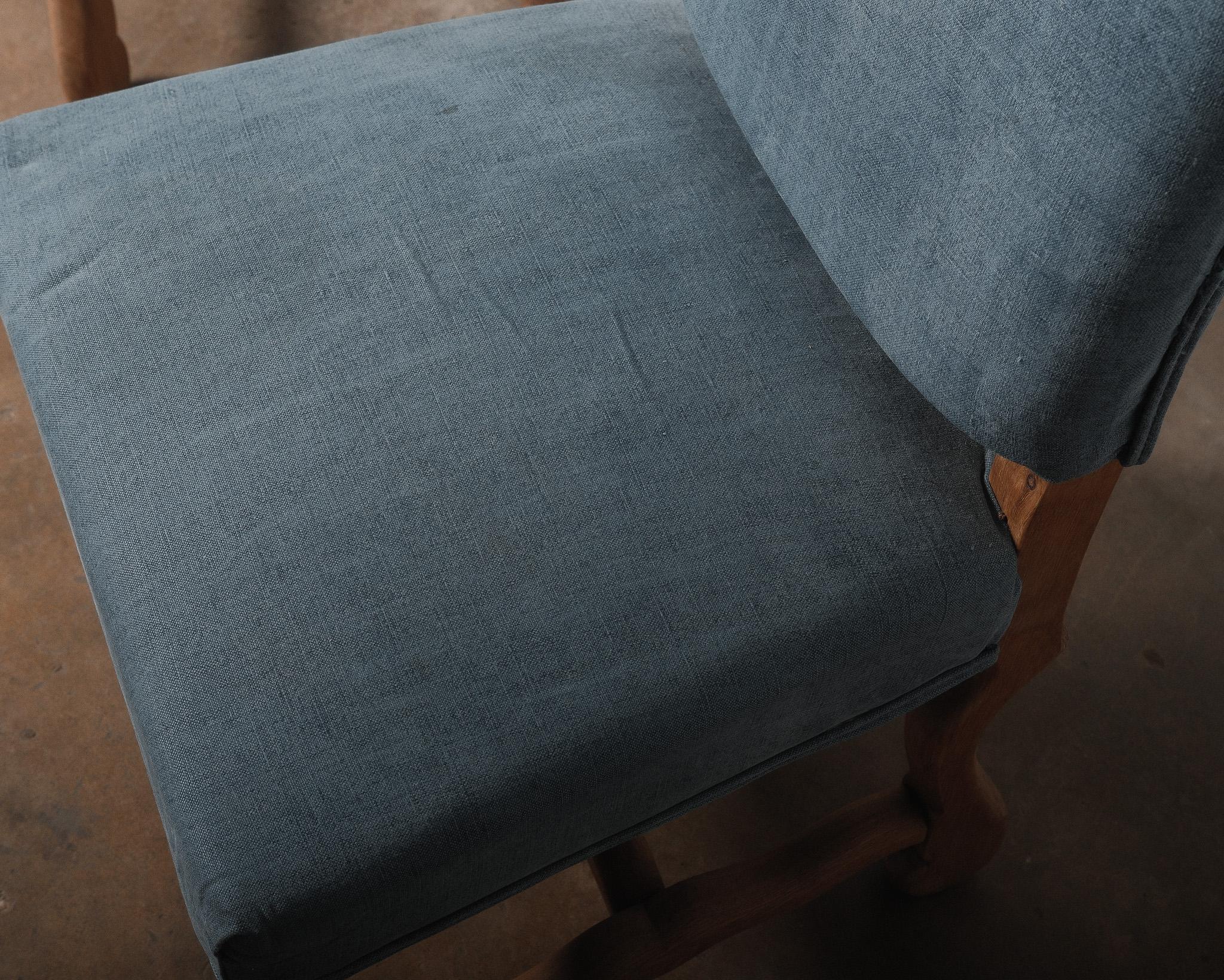 Tissu Vintage Upholstery Blue Oak French Provincial Dining Chairs Set of Four en vente
