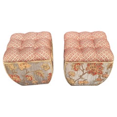Vintage Upholtered Embroidered Ottomans Stools, a Pair