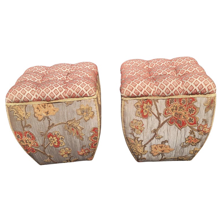 Vintage Upholtered Embroidered Ottomans Stools, a Pair For Sale at 1stDibs