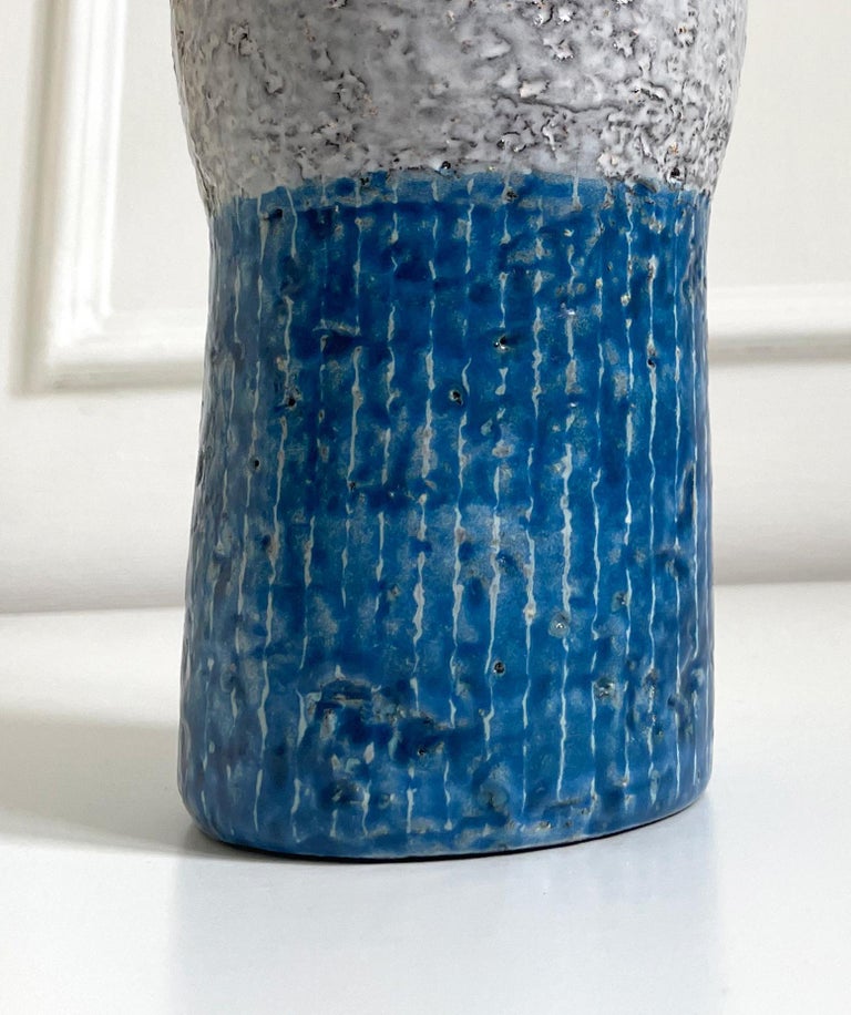 Scandinavian Modern Vintage Upsala Ekeby Blue, Light Grey Ceramic Striped Vase, 1960s For Sale