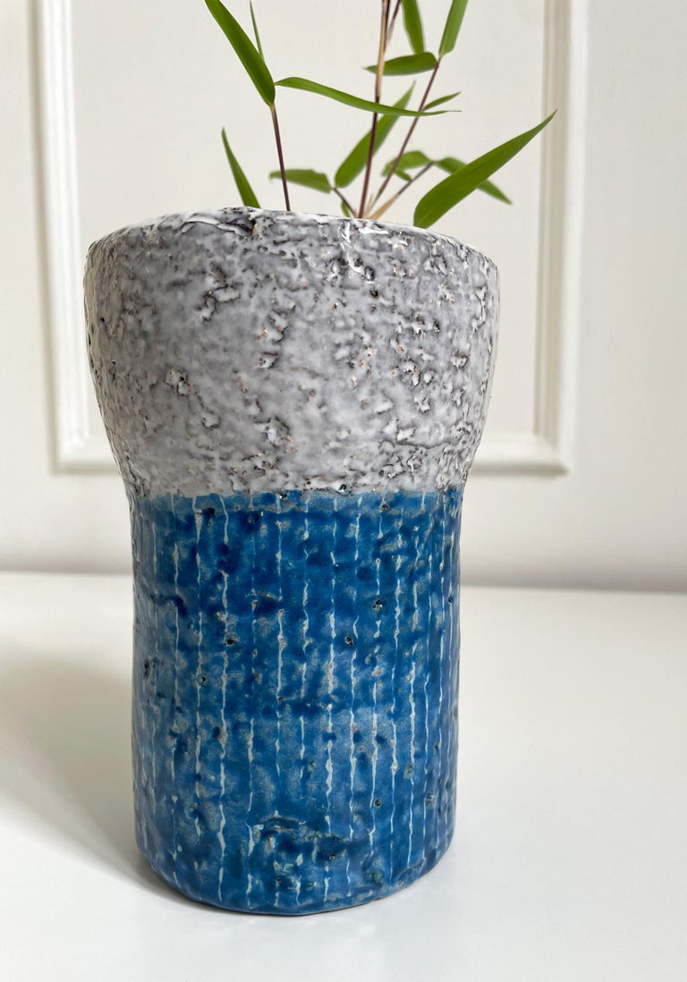 Swedish Vintage Upsala Ekeby Blue, Light Grey Ceramic Striped Vase, 1960s For Sale