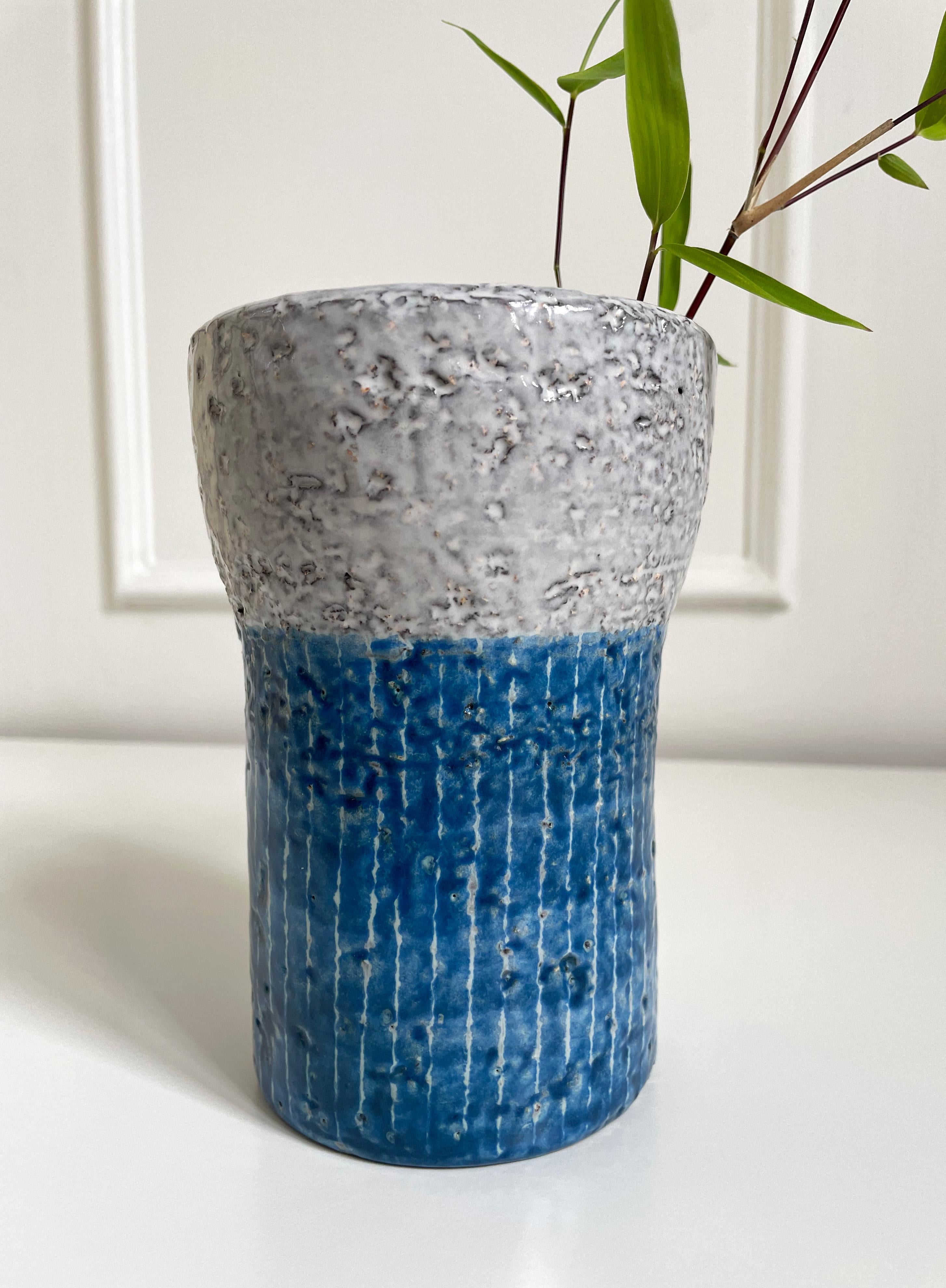 Hand-Painted Upsala Ekeby Blue, Light Grey Ceramic Striped Vase, 1960s For Sale