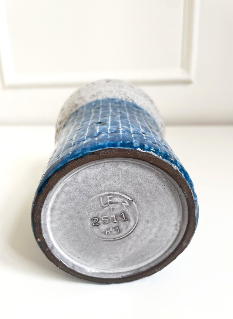 Stoneware Vintage Upsala Ekeby Blue, Light Grey Ceramic Striped Vase, 1960s For Sale