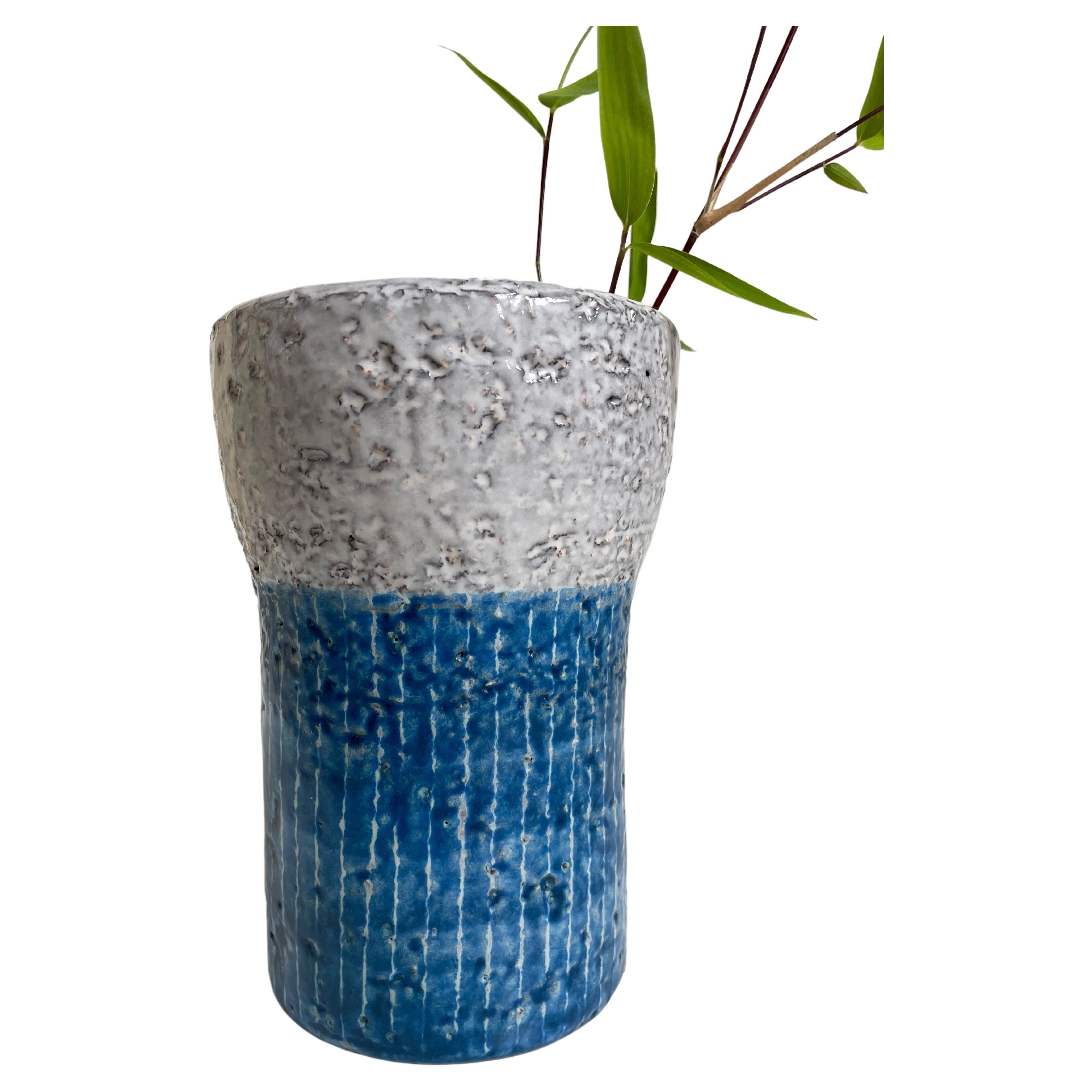 Upsala Ekeby Blue, Light Grey Ceramic Striped Vase, 1960s For Sale