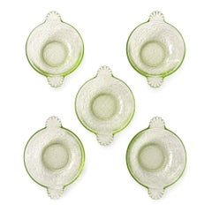 Vintage Uranium Glass Berry or Dessert Bowls with Shell Handles, Set of Five