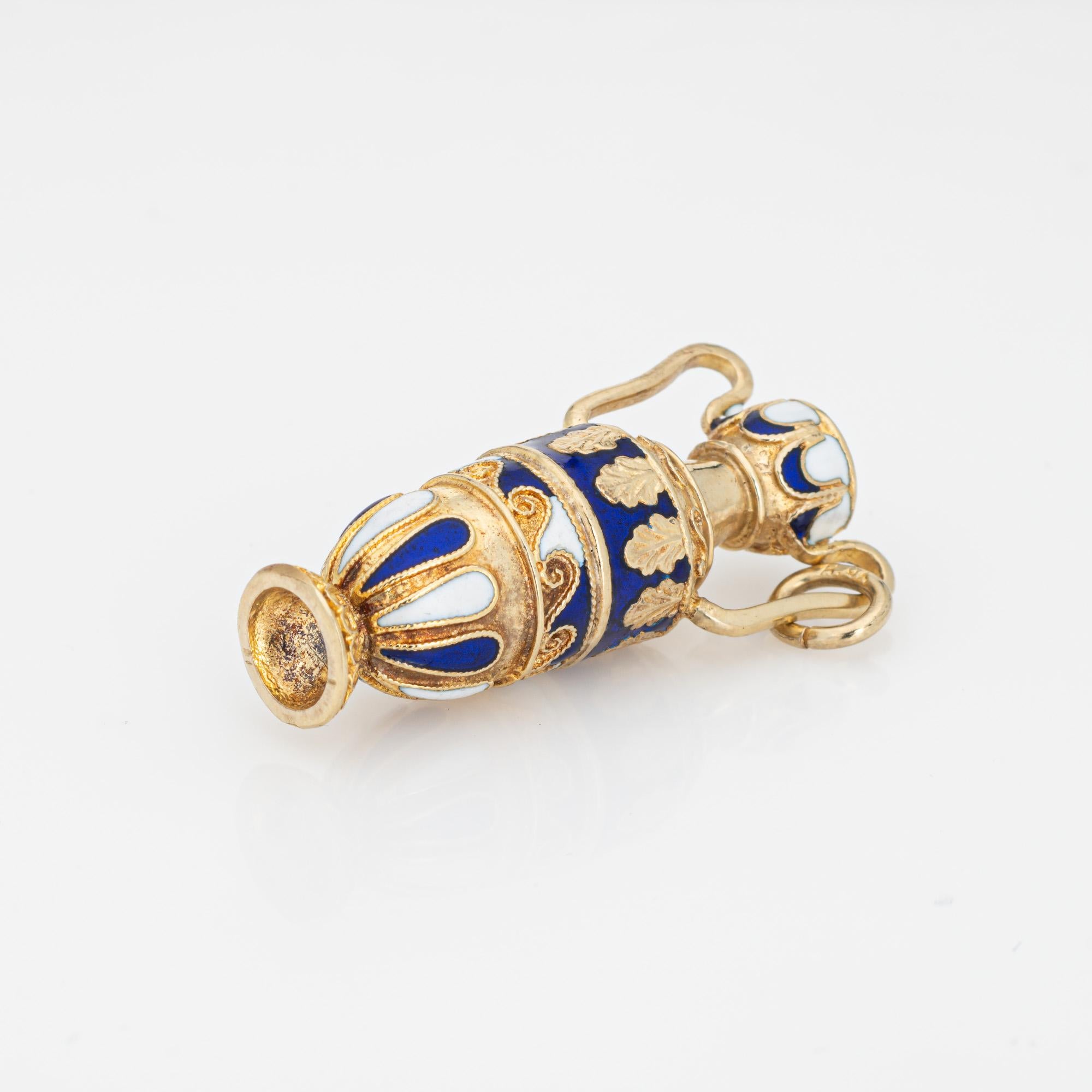 Modern Vintage Urn Charm Amphora 14k Yellow Gold Blue White Enamel Vase Jewelry