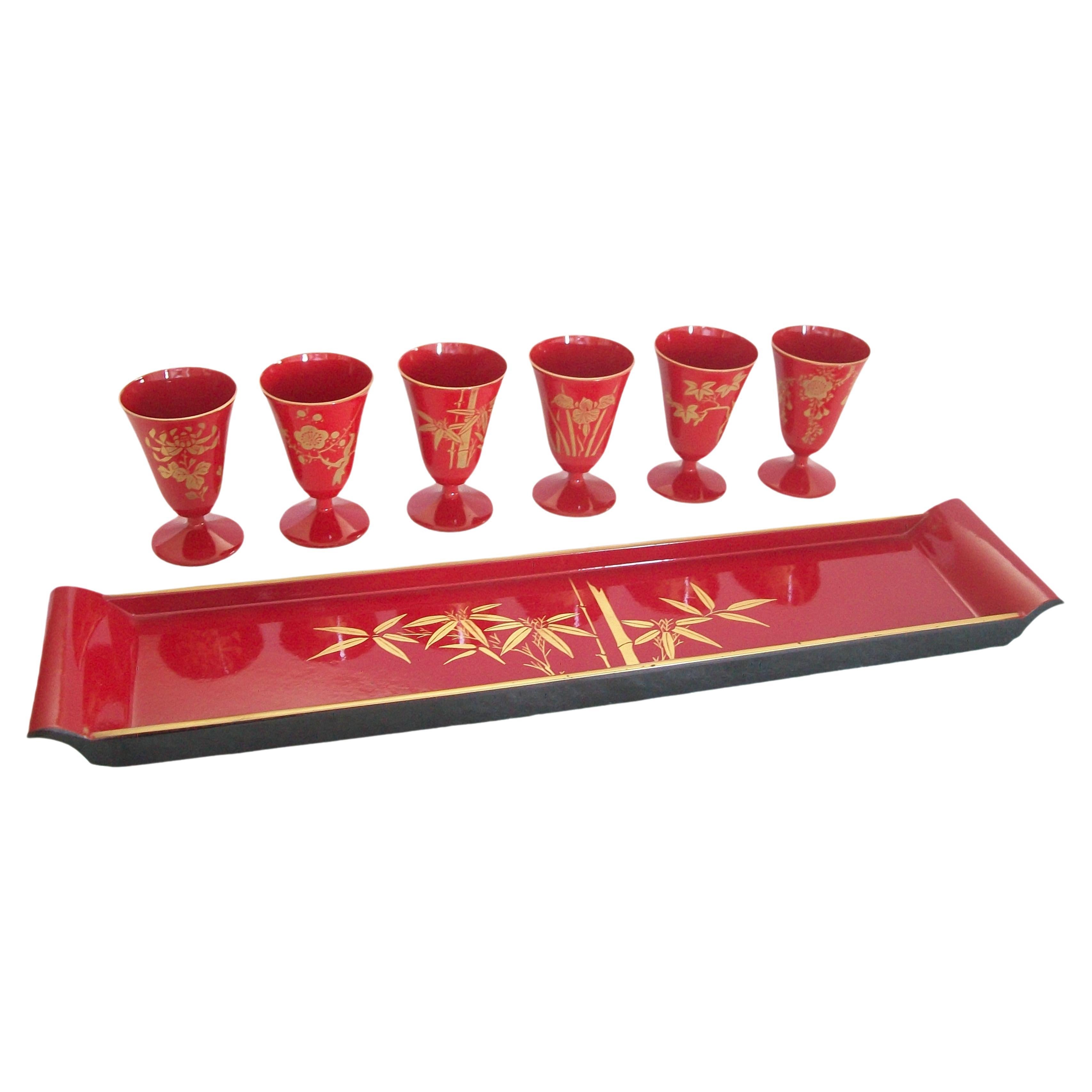 Vintage Urushi Red & Gilt Lacquer Tray & Six Cups with Box - Japan - Mid 20th C. For Sale