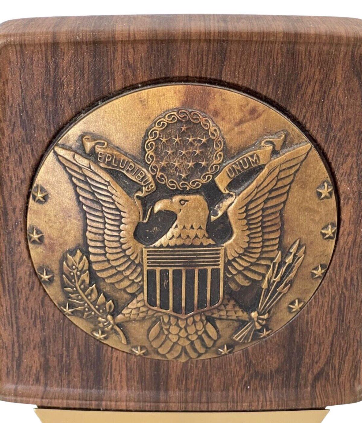 Mid-Century Modern Vintage U.S. Great Seal Brass and Wood Bookends, Circa 1950s