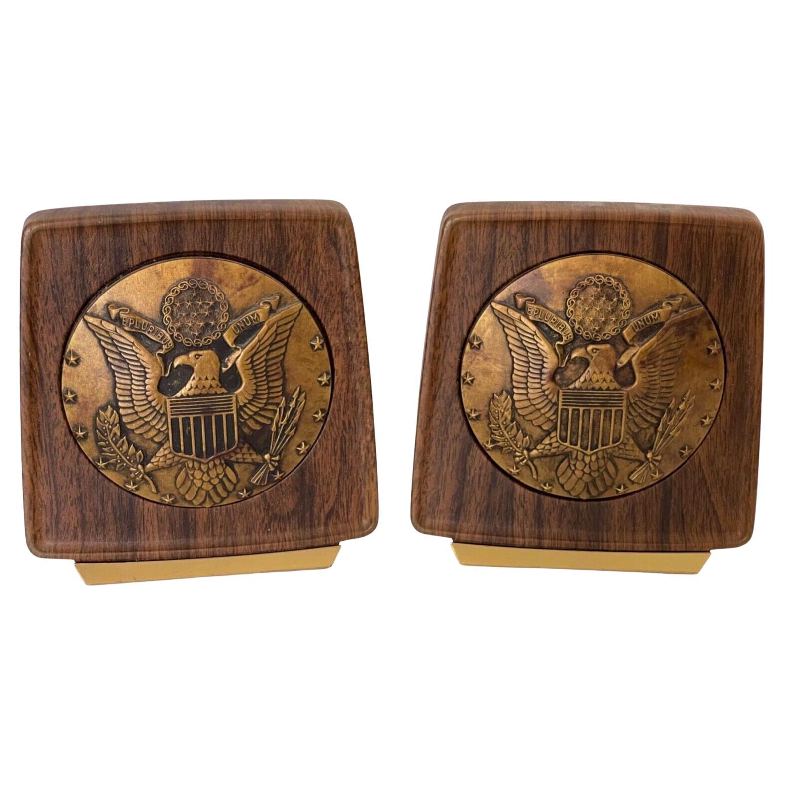 Vintage U.S. Great Seal Brass and Wood Bookends, Circa 1950s