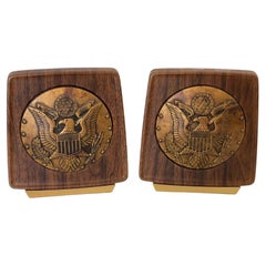 Vintage U.S. Great Seal Brass and Wood Bookends, Circa 1950s